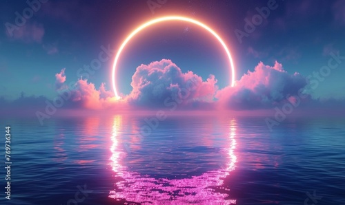 3d render, fantasy background with glowing neon ring and white cloud above the calm water. Abstract seascape, Generative AI 