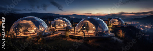  Eco tourism, Eco hotel, modern glamping, bio resort on top of the hill. Night view.