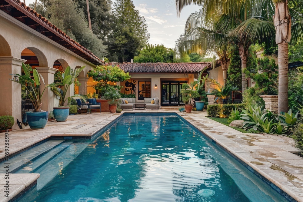 a large home swimming pool at the exterior backyard of big villa house with trees