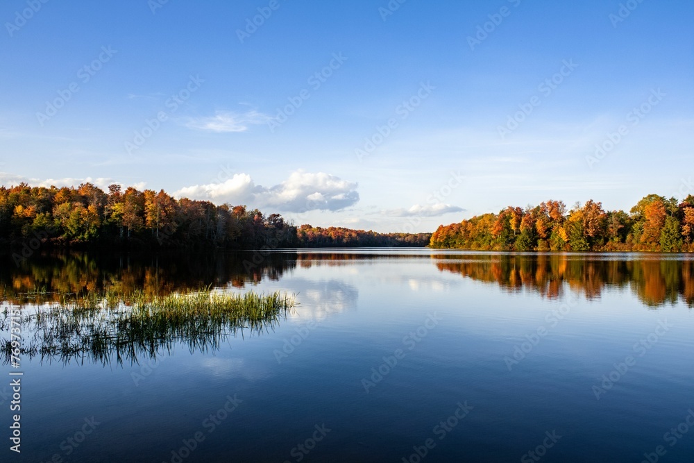 Picturesque view of fall colors on Lake Jean at Ricketts Glen State Park Benton, Pennsylvania