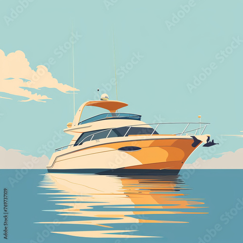 A sleek luxury yacht on still blue waters with a backdrop of clear skies. © khonkangrua