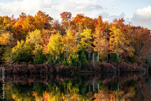 Picturesque view of fall colors on Lake Jean at Ricketts Glen State Park Benton, Pennsylvania