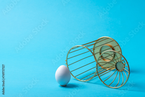 Upside down open cage with an egg outside on a blue background. The concept of liberation from slavery. © Alena