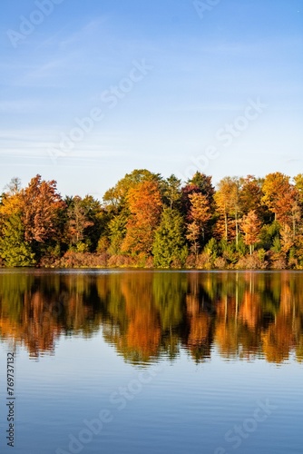 Picturesque view of fall colors on Lake Jean at Ricketts Glen State Park Benton, Pennsylvania