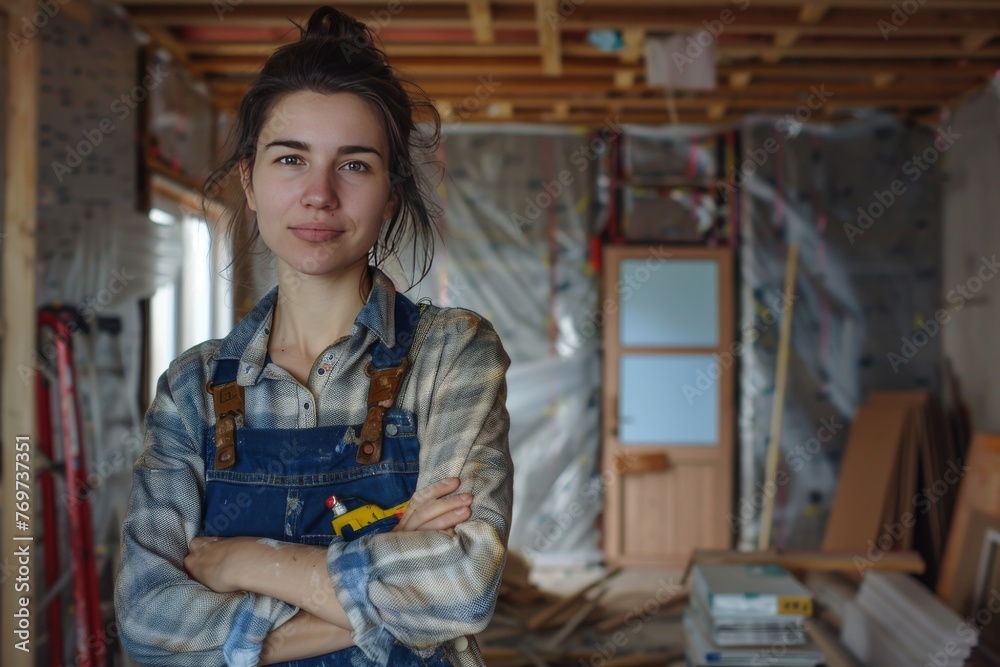a young woman in overalls with her arms crossed on her chest against the background of a room in which renovation is underway, the concept of construction, renovation and interior work a young woman in overalls with her arms crossed on her chest against the background of a room in which renovation is underway, the concept of construction, renovation and interior work