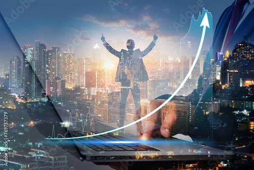 Double exposure of businessman and financial stock graph with Silhouette of back of Business man Celebration Success Happiness on a building top and hologram of world map background	