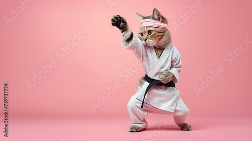 Karate warrior feline in a white kimono with a dark belt and headband prepares to battle disengaged on pink background