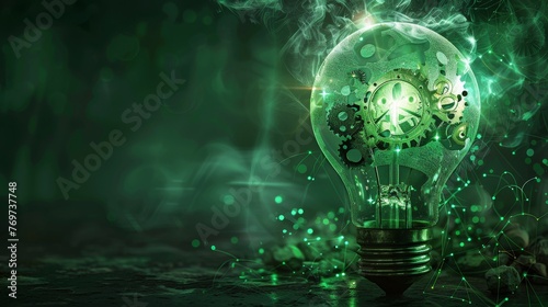 Copy space Light bulb on with gears in the back  concept of idea  think  green blackground.