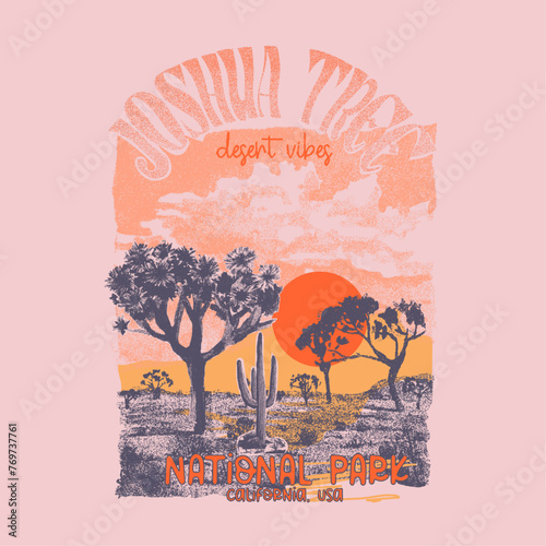 Joshua tree desert vibes, sunshine vintage retro summer desert in vector front screen print design, Joshua tree Arizona Vibes Vector Print Design, Arizona desert state t shirt graphic design. Vintage 