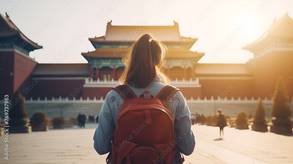 Backpack woman at The Forbidden City of China. - obrazy, fototapety, plakaty 