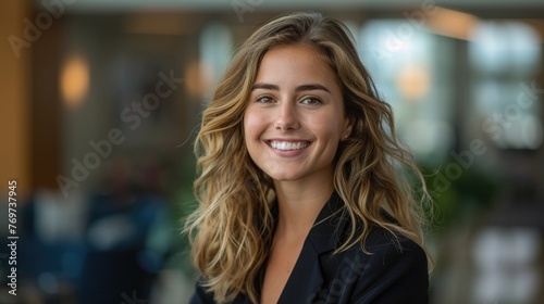 portrait of a woman, businesswoman smiling confidently at the camera in front of a blurred corporate office background,