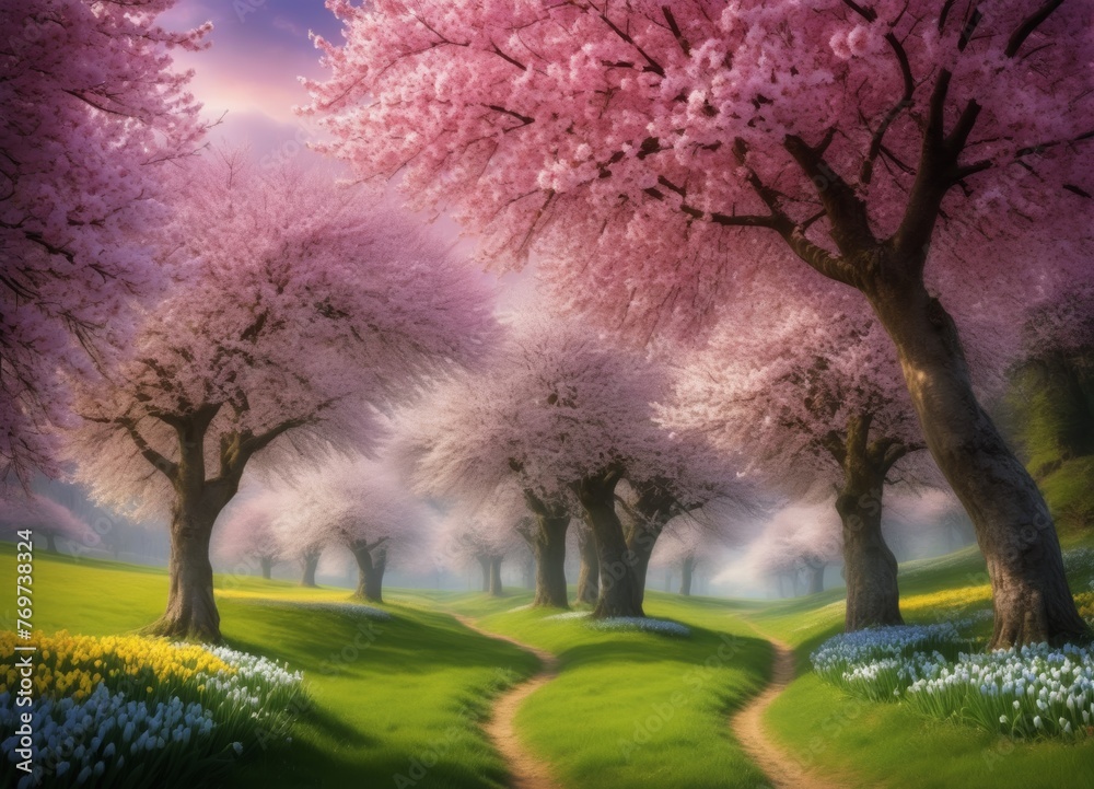 Obraz premium Pink Blossoming Trees Landscape Illustration - Tranquil Nature Scene