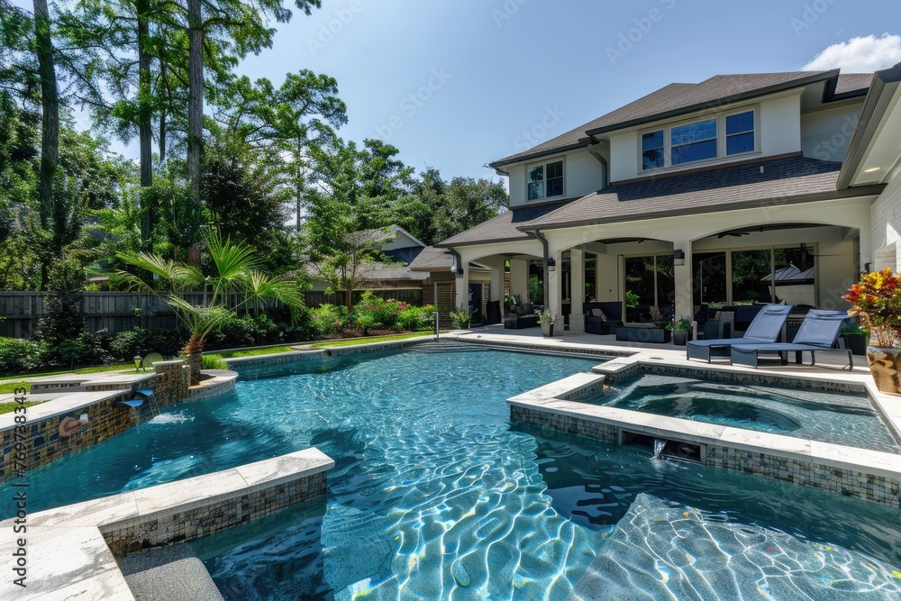 a large home swimming pool at the exterior backyard of big villa house with trees