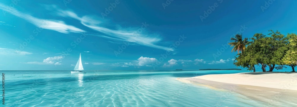 Boat in turquoise ocean water against blue sky with white clouds and tropical island. The natural landscape for summer vacation, a panoramic view.