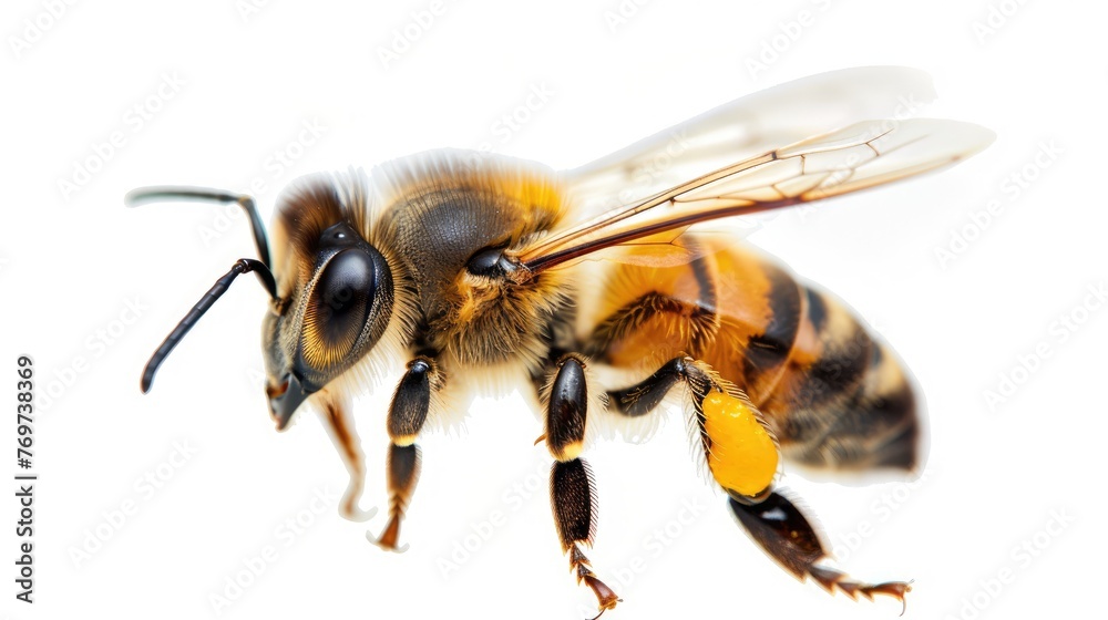 big bee flying in white background  - obrazy, fototapety, plakaty 