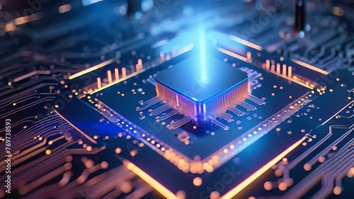 Close-up view of electronic circuit board with processor. 3D rendering, An abstract technology background with a circuit board is presented, embodying an artificial intelligence concept, AI Generated photo