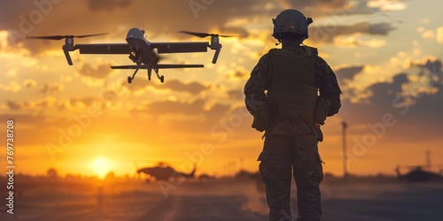 A man in a military uniform stands on a runway as a drone flies overhead