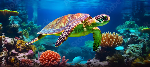 a beauty turtle swimming in the clear sea beautiful coral reefs in under the sun, ai generative