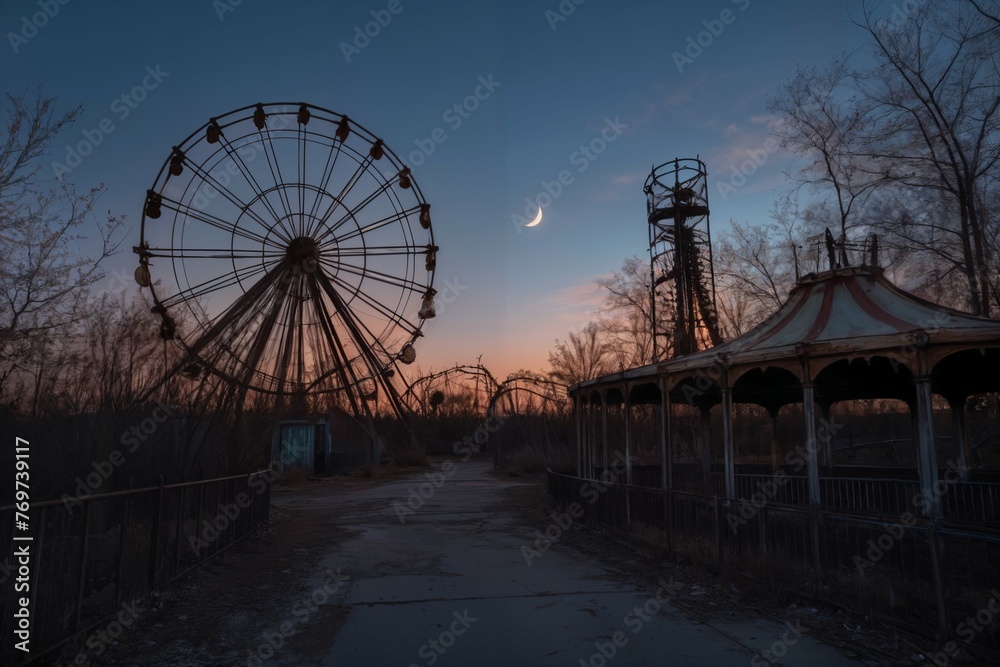 Nighttime ferris wheel glowing against a colorful twilight sky