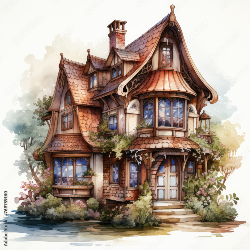 watercolor Kawaii Gingerbread House clipart, Generative Ai