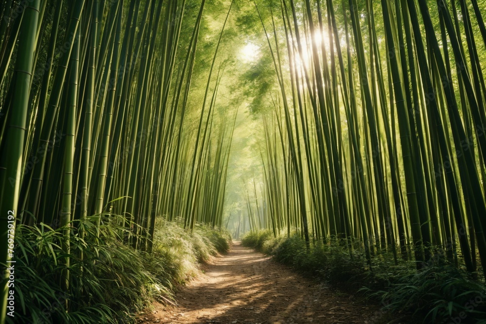 Concept art of Quiet walking path amidst bamboo forest and soft sunlight in the morning
