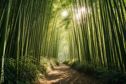 Concept art of Quiet walking path amidst bamboo forest and soft sunlight in the morning
