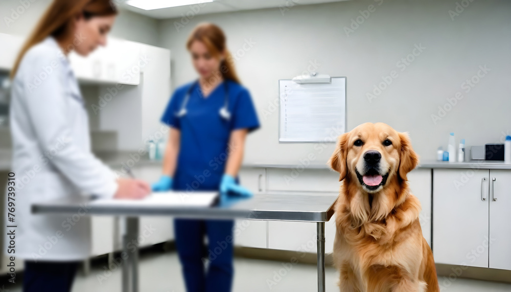  young veterinarians working in veterinary clinic, using tablet computer and discussing the health of golden retriever pet