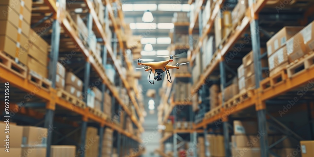 A drone is flying through a warehouse