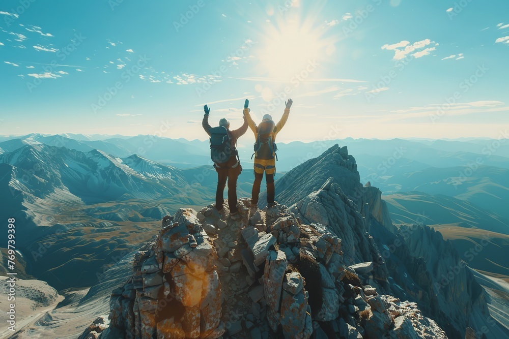 Obraz premium Visualize three people at the pinnacle of a mountain, joining hands and raising them high in a jubilant gesture of overcoming obstacles and achieving success together