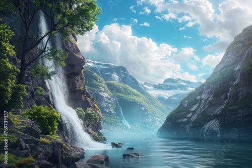 a beautiful scenic view of an amazing landscape of waterfall falling into the river with mountains and trees  © DailyLifeImages