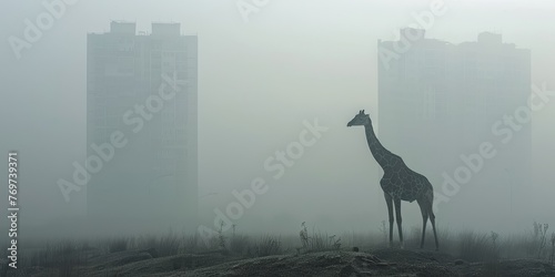 A giraffe stands in a foggy field in front of a tall building