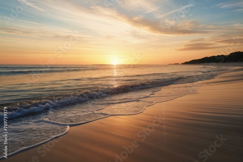 Peaceful beach at sunrise, with gentle waves lapping at the shore