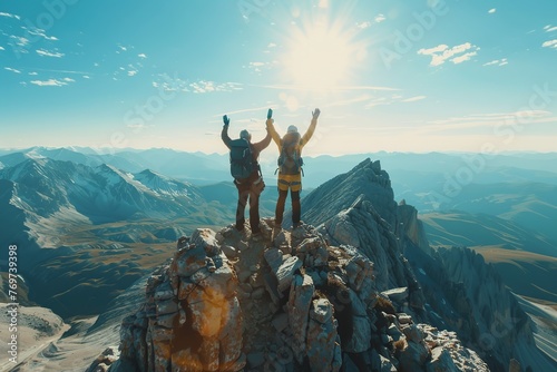 Visualize three people at the pinnacle of a mountain, joining hands and raising them high in a jubilant gesture of overcoming obstacles and achieving success together