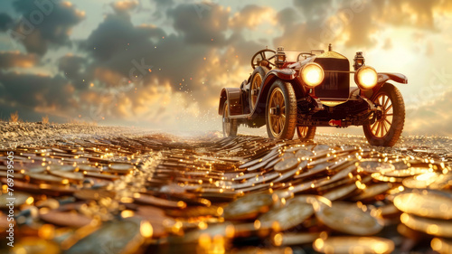 Vintage car fueled by coins driving to success photo