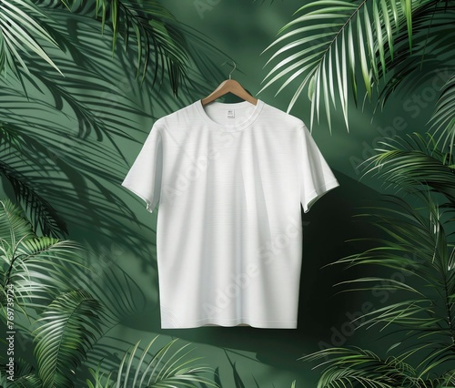 white tshirt mockup on hanger, flat lay, green background with palm leaves, ultra realistic photography