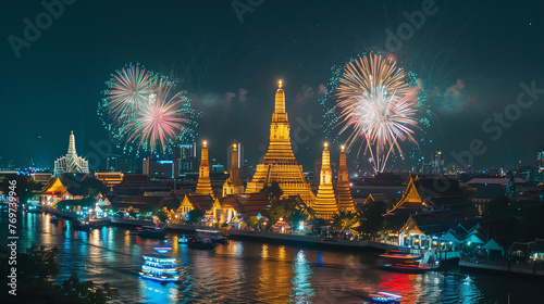 Thailand temple in the night time, firework on background, newyear festival with the temple