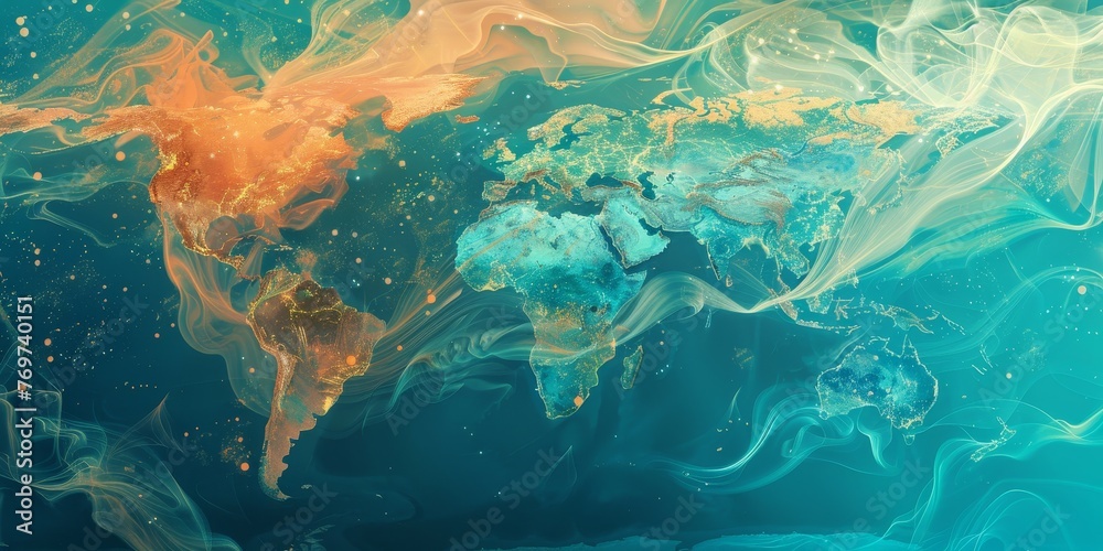 Fototapeta premium A colorful painting of the world with a blue ocean and orange