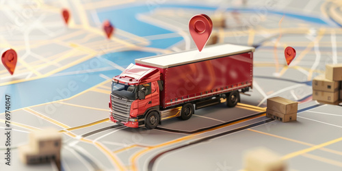 A red truck is driving down a road with a map of the area in the background