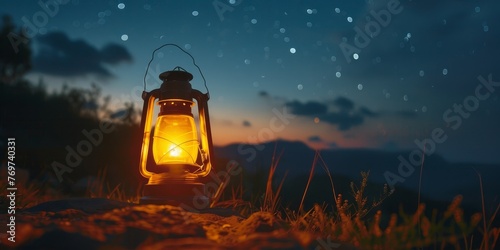 A lantern is lit in the dark, with the sky in the background