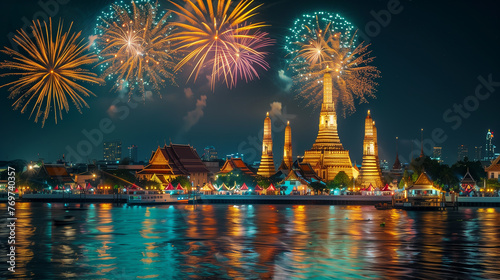 Thailand temple in the night time, firework on background, newyear festival with the temple © Phichet1991