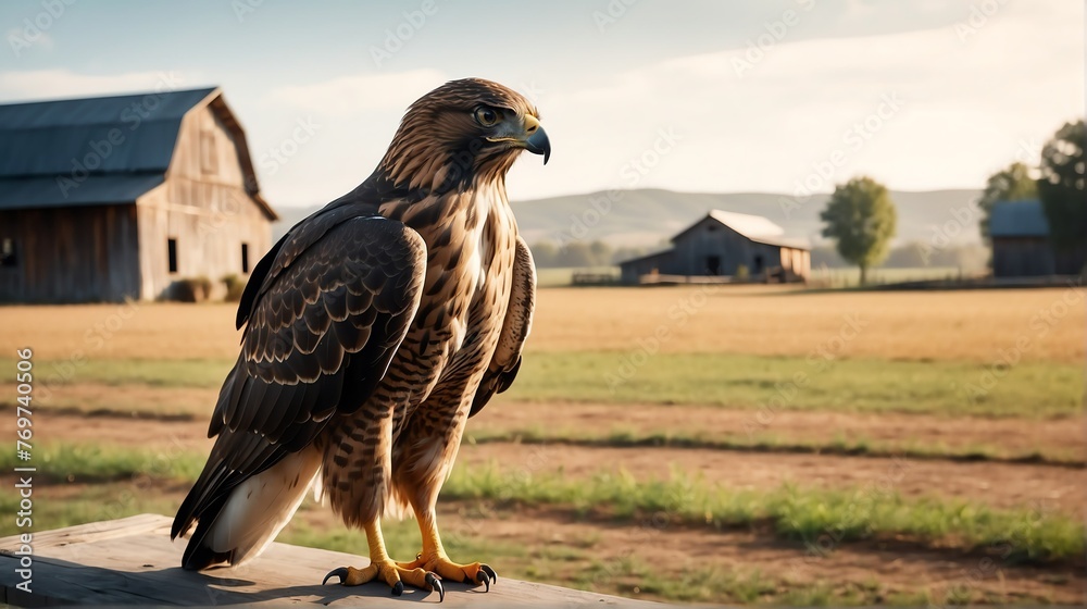 A hawk standing on a farm background with farmhouse ranch from Generative AI - obrazy, fototapety, plakaty 