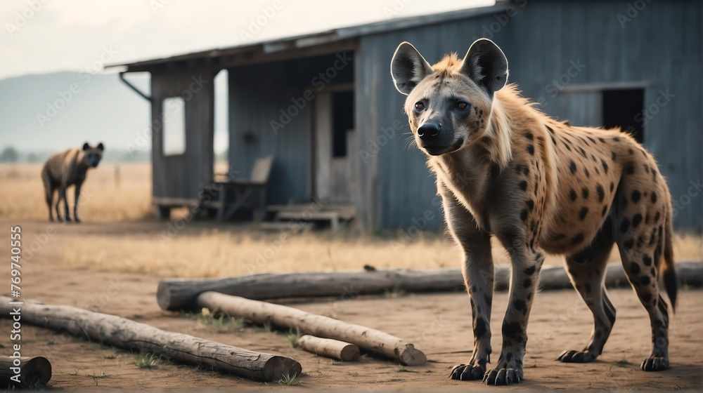 A hyena standing on a farm background with farmhouse ranch from Generative AI - obrazy, fototapety, plakaty 