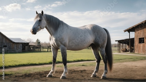 A gray horse standing on a farm background with farmhouse ranch from Generative AI