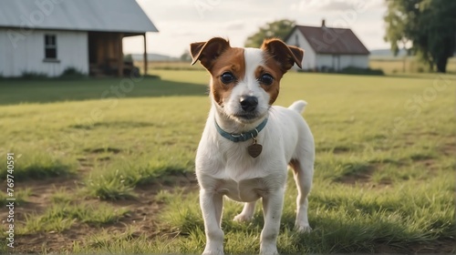 A jack russell terrier standing on a farm background with farmhouse ranch from Generative AI