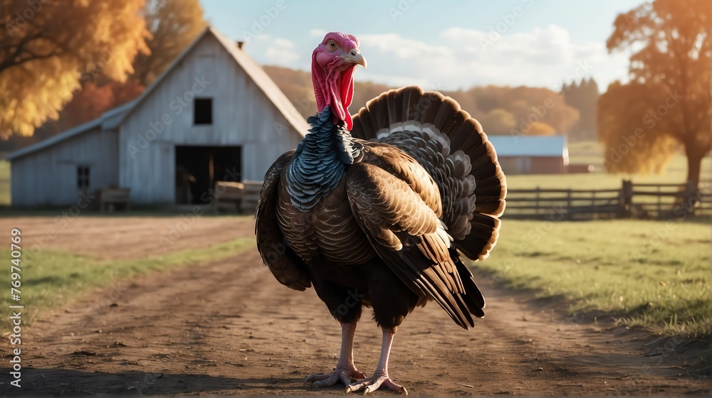 A turkey standing on a farm background with farmhouse ranch from Generative AI - obrazy, fototapety, plakaty 