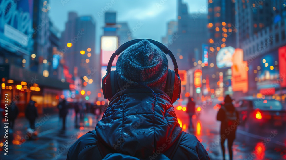 A young man in a winter jacket and beanie with headphones walks through a bustling city street at night, illuminated by neon signs and lights.