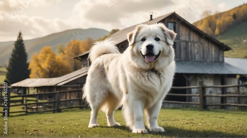 A pyrenean standing on a farm background with farmhouse ranch from Generative AI photo