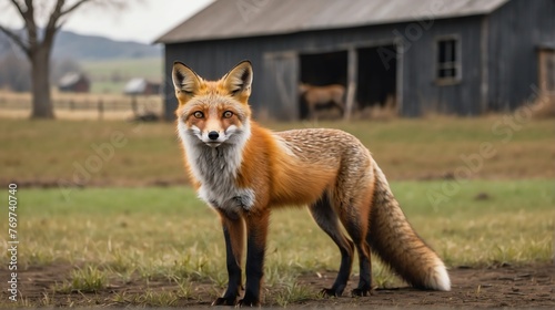 A red fox standing on a farm background with farmhouse ranch from Generative AI