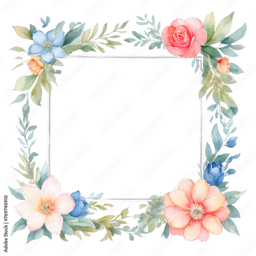 Watercolor floral square frame, Botanical frame PNG