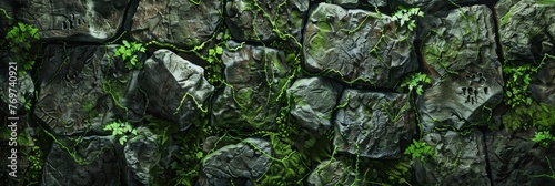 A rough stone wall pattern, reminiscent of the lost cities and ruins, with moss and vine overlays, creating a mysterious and ancient backdrop created with Generative AI Technology #769740921